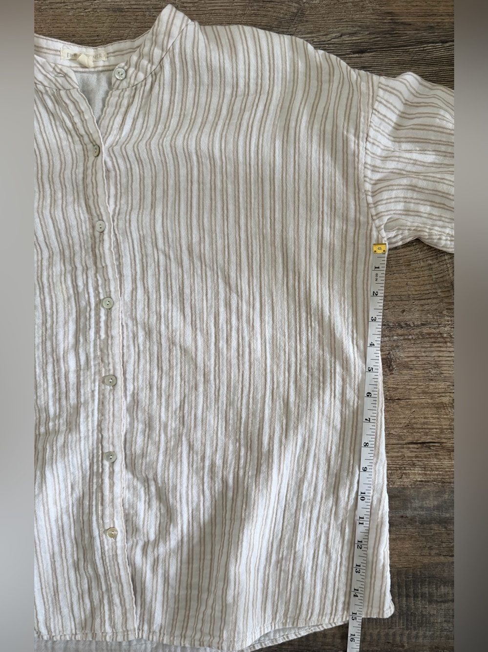 Eileen Fisher (M) Organic Cotton Mandarin Collar 3/4 sleeve Neutral Oat Stripe - Picture 7 of 10